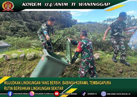 WUJUDKAN LINGKUNGAN YANG BERSIH, BABINSA KORAMIL PERSONEL KORAMIL TEMBAGAPURA RUTIN BERSIHKAN LINGKUNGAN SEKITAR