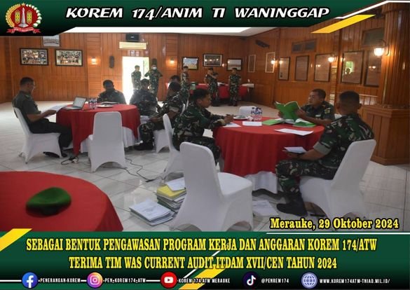 SEBAGAI BENTUK PENGAWASAN PROGRAM KERJA DAN ANGGARAN KOREM 174/ATW TERIMA TIM WAS CURRENT AUDIT ITDAM XVII/CEN TAHUN 2024