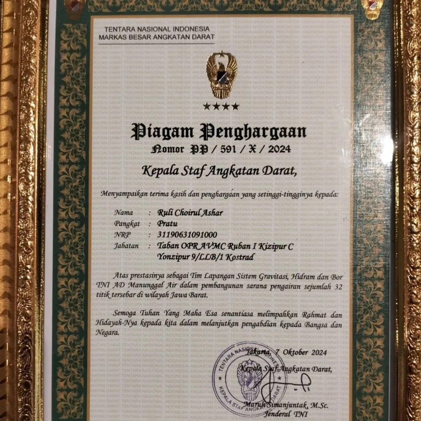 Prajurit Yonzipur 9 Divif 1 Kostrad Raih Penghargaan dari Kasad dalam Program TNI AD Manunggal Air