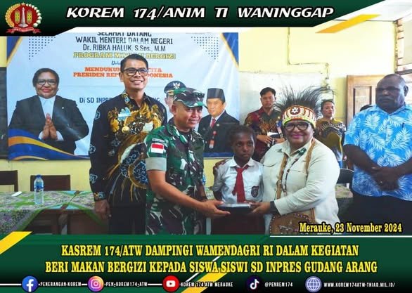 KASREM 174/ATW DAMPINGI WAMENDAGRI RI DALAM KEGIATAN BERI MAKAN BERGIZI KEPADA SISWA SISWI SD INPRES GUDANG ARANG