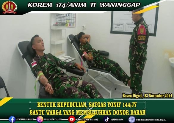 BENTUK KEPEDULIAN, SATGAS YONIF 144/JY BANTU WARGA YANG MEMBUTUHKAN DONOR DARAH