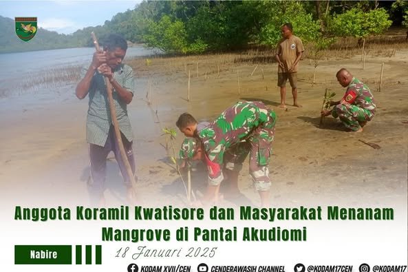 Anggota Koramil Kwatisore dan Masyarakat Menanam Mangrove di Pantai Akudiomi
