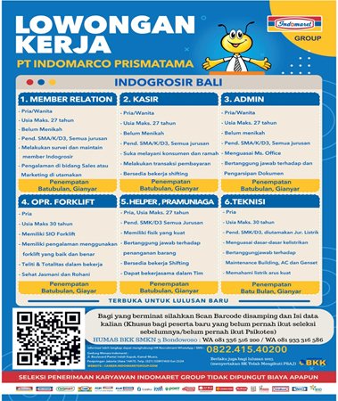 Sekarang, Indogrosir Bali (bagian dari PT Indomarco Prismatama) lagi buka lowongan kerja Bali terbaru untuk beberapa posisi menarik, dan semuanya penempatan di Batubulan, Gianyar.