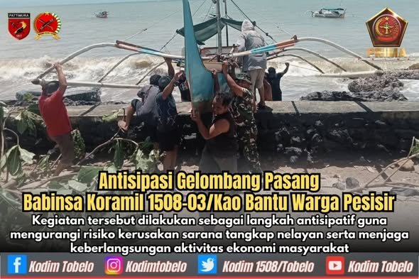Antisipasi Gelombang Pasang, Babinsa Koramil 1508-03/Kao Bantu Warga Pesisir Amankan Perahu Nelayan
